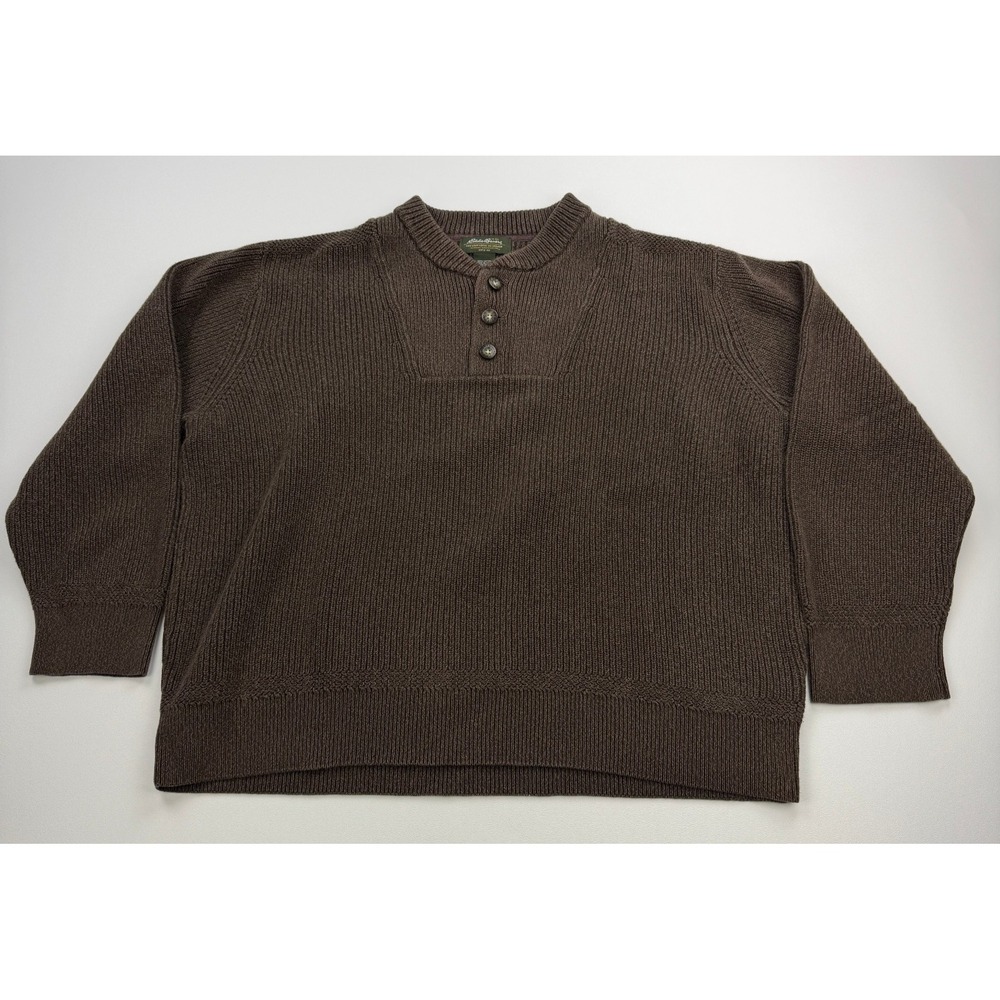 Eddie Bauer Sweater Mens XL Brown Henley Ribbed Knit 3 Button